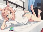  1girl absurdres animal_ears barefoot bed blonde_hair blue_eyes braid braided_bangs cellphone commentary_request curtains feet feet_up highres horse_ears horse_girl horse_tail legs lying on_stomach panties phone pillow shirt smartphone soles solo t-shirt tail toes tussy umamusume underwear venus_park_(umamusume) white_panties white_shirt 