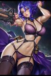  1girl armpits black_choker boku_no_hero_academia bra breasts choker cowboy_shot electricity garter_belt hair_between_eyes lady_nagant multicolored_hair navel neoartcore o-ring_garter_belt paid_reward_available panties patreon_username pink_hair prosthetic_weapon purple_bra purple_eyes purple_hair purple_panties purple_skirt rain short_hair skirt solo thighhighs two-tone_hair underwear 