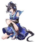  1girl black_hair blue_dress blue_eyes blue_headwear boots chewing_gum dixie_cup_hat dress elbow_gloves gassan_aya genderswap genderswap_(mtf) gloves gradient_footwear gradient_gloves hat high_heel_boots high_heels highres horse_girl knee_boots kneeling military_hat multicolored_hair ocean_blue_(racehorse) original personification sailor_collar short_hair simple_background solo streaked_hair two-tone_hair umamusume white_background white_hair 