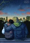  2boys alternate_costume bad_id bad_tumblr_id bara bare_tree black_hair blonde_hair breath cityscape couple cris_art from_behind head_on_another&#039;s_shoulder heads_together hulkling long_sleeves male_focus marvel multiple_boys on_bench scarf short_hair sitting sunrise tree wiccan winter yaoi 