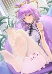  1girl armlet bare_shoulders breasts catsmoon closed_mouth commentary_request embarrassed feet fu_xuan_(honkai:_star_rail) hair_ornament highres honkai:_star_rail honkai_(series) large_breasts long_hair looking_at_viewer pantyhose parted_bangs purple_hair revision sideboob sitting sleeveless soles solo thighs toes white_pantyhose yellow_eyes 