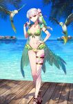  1girl bare_shoulders beach bikini bird blue_sky blush bracelet braid braided_ponytail breasts cleavage collarbone earrings fate/grand_order fate_(series) flower flower_necklace frills full_body green_bikini green_vest groin hair_flower hair_ornament hair_ribbon hand_on_own_hip highres hood hooded_vest hoodie jewelry kama_(fate) kama_(swimsuit_avenger)_(fate) large_breasts long_hair looking_at_viewer lotus nail_polish navel necklace ocean official_art parakeet pendant red_eyes redrop ribbon sky standing stomach swimsuit thigh_strap thighs vest white_hair 