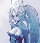  1girl animal_ears blue_theme breasts cleavage cleavage_cutout clothing_cutout final_fantasy final_fantasy_xii fran_(ff12) head_wreath long_hair looking_at_viewer medium_breasts monochrome parted_bangs parted_lips ponytail rabbit_ears rabbit_girl sideboob siotomato solo upper_body viera 