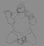  anthro belly bulge clothing collar duo ear_piercing eating food horrorbuns hot_dog large_male male male/male piercing sandwich_(food) scar scared_face shirt sitting sitting_on_another size_difference tank_top topwear underwear underwear_on_face unknown_species 