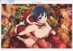  1girl absurdres bare_shoulders box breasts christmas_ornaments cleavage gift gift_box gloves highres holding hood hood_down large_breasts looking_at_viewer midriff official_art open_mouth page_number ribbon santa_costume scan senran_kagura senran_kagura_new_link shiny_skin short_hair simple_background skirt smile solo thighhighs thighs yaegashi_nan 