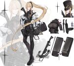  1girl absurdres adapted_costume ammunition_box amphycion armband belt_pouch bianca_(punishing:_gray_raven) black_bodysuit black_footwear black_headwear blonde_hair bodysuit boots breasts center-flap_bangs chest_harness chinese_commentary clothing_cutout combat_boots commentary concept_art covered_navel cross crossbow crossbow_bolt crucifix dagger hair_intakes harness hat highres holding holding_crossbow holding_weapon id_card jacket knife large_breasts long_hair multiple_views off_shoulder pouch punishing:_gray_raven shako_cap sheath sheathed shoulder_cutout sidelocks skin_tight tactical_clothes thigh_strap two-sided_fabric underbust very_long_hair weapon white_jacket yellow_eyes zoom_layer 