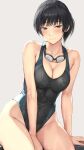  1girl amagami between_legs black_eyes black_hair blush breasts closed_mouth commentary_request competition_swimsuit goggles goggles_around_neck hand_between_legs highres looking_at_viewer medium_breasts official_alternate_costume one-piece_swimsuit ponytail serizawa_(serizawaroom) sitting smile swimsuit tsukahara_hibiki wet 