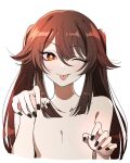  1girl black_nails breasts brown_hair claw_pose cropped_torso flower-shaped_pupils genshin_impact hair_between_eyes highres hu_tao_(genshin_impact) long_hair looking_at_viewer nail_polish no_nipples nude one_eye_closed pillosopi red_eyes sidelocks simple_background small_breasts solo symbol-shaped_pupils tongue tongue_out twintails upper_body very_long_hair white_background 