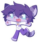  2021 ambiguous_gender anthro biped blue_eyes blush bottomwear chibi clothing domestic_cat fangs felid feline felis fur hair looking_at_viewer mammal multicolored_body multicolored_fur multicolored_tail open_mouth open_smile pawpads paws pink_pawpads purple_body purple_clothing purple_ears purple_fur purple_hair purple_tail smile solo tail teeth tongue topwear white_clothing yonkagor 