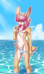  5_fingers anthro blue_clothing blue_eyes blue_speedo blue_swimwear clothing erection fingers food fur genitals hair hi_res humanoid_genitalia humanoid_penis lagomorph leporid light looking_at_viewer male mammal penis popsicle popsicle_in_mouth popsicle_melting rabbit sea shyder shyder_cutetail solo speedo standing sunlight swimwear tan_body tan_fur water white_hair 