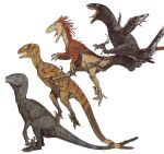  ambiguous_gender claws deinonychus dinosaur dromaeosaurid feathers feral hi_res jumping lineup mossa open_mouth raptor_claws reptile scales scalie simple_background stripes theropod toe_claws tongue tongue_out white_background wings 