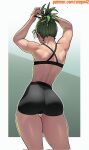  1girl back criss-cross_back-straps green_hair highres long_hair muscular muscular_female one-punch_man patreon_username ponytail shorts solo stopu tank_top tatsumaki toned tying_hair 