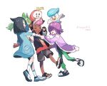  1boy 2girls black_hair black_shirt closed_eyes commentary_request cowlick dark-skinned_male dark_skin dot_(pokemon) fuecoco green_pants hat highres holding_hands liko_(pokemon) multiple_girls on_head ototoi_(eevees813) pants pink_hair pokemon pokemon_(anime) pokemon_(creature) pokemon_horizons pokemon_on_head purple_hair quaxly roy_(pokemon) shirt shoes shorts signature simple_background slippers socks sprigatito starter_pokemon_trio wattrel white_background white_footwear white_socks 