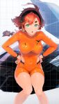  1girl :o aqua_eyes bangs_pinned_back black_hairband bodysuit breasts buttons commentary covered_navel double-breasted feet_out_of_frame gundam gundam_suisei_no_majo hair_between_eyes hair_slicked_back hairband hands_on_own_hips highres hip_vent large_breasts light_particles long_sleeves looking_at_viewer low_ponytail naruse_hirofumi open_mouth orange_bodysuit orange_shorts parted_bangs red_hair shorts solo suletta_mercury thick_eyebrows thigh_gap thighs tile_background 