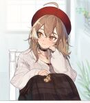  1girl ahoge beret berry bird black_choker brown_eyes brown_hair brown_skirt chair choker crossed_bangs earbuds earphones earrings eus_ing flower food-themed_earrings hat hololive hololive_english hootsie_(nanashi_mumei) indoors jewelry keychain knees_up long_skirt looking_to_the_side multicolored_hair nail_art nanashi_mumei nanashi_mumei_(2nd_costume) necklace official_alternate_costume on_chair owl plaid plaid_skirt plant potted_plant red_shirt runes shirt sitting skirt sleeves_past_wrists smile streaked_hair sweater virtual_youtuber white_sweater window 