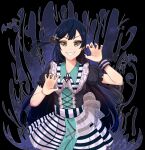  1girl absurdres alternate_eye_color black_background black_hair black_nails claw_pose commission earrings english_commentary green_eyes grin halloween highres jewelry long_hair looking_at_viewer love_live! love_live!_nijigasaki_high_school_idol_club maze_town_(love_live!) one_side_up sharp_teeth smile solo teeth upper_body whin yuuki_setsuna_(love_live!) 