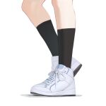  1girl black_socks blue_archive chihiro_(blue_archive) chinese_commentary close-up commentary cross-laced_footwear footwear_focus heel_up highres kneehighs legs making-of_available shadow shoelaces shoes simple_background sneakers socks solo white_background white_footwear 