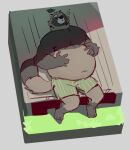  2023 anthro belly big_belly canid canine clothing cyanroll eyes_closed humanoid_hands kemono leaf lying male mammal overweight overweight_male raccoon_dog solo tanuki underwear 
