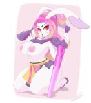  2023 5_fingers anthro areola armor blonde_hair bottomwear breasts clothing female fingers gunfire_reborn hair hi_res holding_object holding_sword holding_weapon kneeling lagomorph leporid loincloth long_hair looking_at_viewer mammal melee_weapon multicolored_hair nipples pink_hair rabbit red_eyes simple_background skecchiart solo sword tao_(gunfire_reborn) thick_thighs two_tone_hair weapon whiskers 