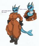  anthro big_breasts blush breasts clothing eeveelution english_text female generation_1_pokemon hi_res jumpsuit nintendo pace-maker pokemon pokemon_(species) small_waist solo text vaporeon wide_hips 