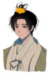  1boy an_c1o black_eyes black_hair brown_jacket expressionless flower hair_flower hair_ornament highres jacket korean_clothes limbus_company male_focus project_moon simple_background solo topknot upper_body white_background white_tunic yellow_flower yi-sang_(limbus_company) 