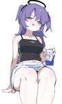  1girl alcohol alternate_costume beer beer_can black_tank_top blue_archive blush breasts can cleavage hair_ornament halo highres holding holding_can hufy invisible_chair long_hair looking_at_viewer medium_breasts nose_blush parted_lips purple_eyes purple_hair simple_background sitting skirt solo tank_top two_side_up white_background white_skirt yuuka_(blue_archive) 