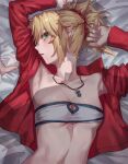  1boy 1girl arms_up bandeau blonde_hair breasts cleavage fate/apocrypha fate/grand_order fate_(series) fujimaru_ritsuka_(male) green_eyes hair_ornament hair_scrunchie highres jacket jewelry lying mordred_(fate) mordred_(fate/apocrypha) on_back parted_lips pendant ponytail pov red_jacket scrunchie shadow small_breasts solo_focus tesin_(7aehyun) 