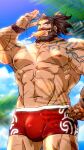 1boy abs absurdres bara beach beard blue_sky brown_hair bulge character_request copyright_request facial_hair feet_out_of_frame forked_eyebrows hand_up high_ponytail highres konohanaya large_pectorals long_mustache looking_at_viewer male_focus male_swimwear mature_male muscular muscular_male navel nipples pectorals red_male_swimwear short_hair shoulder_tattoo sky solo sunlight swim_briefs tattoo thick_eyebrows thick_thighs thighs wet 
