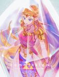  1girl blonde_hair blue_eyes commission crystal dress elbow_gloves family_crest from_above gloves highres long_hair parted_lips pink_dress pointy_ears princess_zelda shoulder_pads solo sumustard the_legend_of_zelda the_legend_of_zelda:_ocarina_of_time tiara very_long_hair white_gloves 