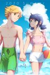  1boy 1girl adrien_agreste ball beachball bikini blonde_hair blue_eyes blue_hair closed_mouth crop_top green_eyes green_male_swimwear hand_grab male_swimwear marinette_dupain-cheng midriff miraculous_ladybug navel pink_shirt shirt shorts smile stomach summer swimsuit tomm0515 topless_male twintails white_shorts 