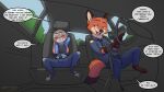  2023 absurd_res anthro blue_bottomwear blue_clothing blue_pants blush bottomwear canid canine car clothing collaboration dialogue digital_media_(artwork) disney duo eyes_closed female fox hi_res judy_hopps kuroodod lagomorph leporid letodoesart male mammal masturbation nick_wilde pants police_car police_officer rabbit speech_bubble topwear vehicle zootopia 