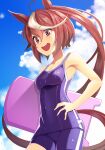  1girl ahoge animal_ears bare_shoulders breasts brown_hair cleavage cloud covered_navel cowboy_shot day hand_on_own_hip highres horse_ears horse_girl horse_tail impossible_clothes kickboard long_hair multicolored_hair one-piece_swimsuit open_mouth outdoors ponytail purple_eyes purple_one-piece_swimsuit school_swimsuit small_breasts smile solo streaked_hair swimsuit tail takase_hiro teeth tokai_teio_(umamusume) tracen_swimsuit umamusume upper_teeth_only wet 