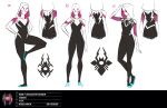  1girl alternate_color aqua_footwear black_bodysuit bodysuit concept_art full_body gwen_stacy highres hood hooded_bodysuit kris_anka looking_at_viewer marvel official_art print_bodysuit reference_sheet simple_background skin_tight spider-gwen spider-man:_across_the_spider-verse spider-man_(series) spider_web_print standing superhero two-tone_bodysuit white_bodysuit 