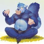  anthro belly black_clothing black_underwear blue_body blue_eyes blue_fur blush bodily_fluids cake clothing crossed_legs dessert eating eating_cake eating_food fluffy fluffy_tail food fur glitter grass heterochromia hi_res holding_cake holding_food holding_object looking_at_viewer male mammal markings musclegut muscular muscular_anthro muscular_male nipples papyuuno pecs plant procyonid raccoon simple_background sitting slice_of_cake slightly_chubby solo striped_markings striped_tail stripes stuffing sweat sweatdrop tail tail_markings underwear white_background wide_eyed yellow_eyes 