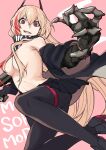  1girl bandana bare_shoulders black_bandana black_jacket black_skirt blonde_hair breasts character_name fang girls&#039;_frontline grin gun hair_censor highres holding holding_gun holding_weapon jacket long_hair looking_at_viewer m4_sopmod_ii_(girls&#039;_frontline) mechanical_arms medium_breasts multicolored_hair nakiusagi no_shirt off_shoulder open_clothes open_jacket pantyhose pink_background pleated_skirt red_eyes red_hair simple_background single_mechanical_arm skirt smile solo streaked_hair very_long_hair weapon 