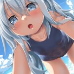  1girl black_one-piece_swimsuit blue_eyes blush collarbone cowboy_shot dated day dd_(ijigendd) grey_hair hair_between_eyes hibiki_(kancolle) highres kantai_collection long_hair one-piece_swimsuit open_mouth outdoors school_swimsuit solo swimsuit twitter_username 