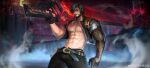  1boy abs absurdres artist_request bara bare_pectorals black_hair check_copyright copyright_request cropped_jacket feet_out_of_frame highres incredibly_absurdres large_pectorals looking_at_viewer male_focus mature_male muscular muscular_male navel nipples original over_shoulder pectorals short_hair solo standing sword sword_over_shoulder thick_thighs thighs weapon weapon_over_shoulder 
