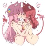  2girls absurdres animal_ears asymmetrical_docking bikini bikini_top_only blush bocchi_the_rock! bow breast_press breasts cat_ears cat_girl cat_tail closed_eyes commentary_request cube_hair_ornament french_kiss gotoh_hitori green_eyes hair_ornament heart highres kemonomimi_mode kiss kita_ikuyo large_breasts long_hair looking_at_another mel_(melty_pot) multiple_girls navel open_mouth pink_bikini pink_bow pink_hair red_bow red_hair simple_background small_breasts smile spoken_heart swimsuit tail tail_bow tail_ornament white_background yellow_bikini yuri 