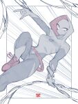  1girl \m/ airborne artist_name belt bodysuit border breasts dated english_commentary gloves holding hood hood_up hooded_bodysuit leg_up marvel mask medium_breasts motion_lines red_belt red_footwear shoes sneakers snowcie solo spider-gwen spider-man_(series) spot_color superhero white_border 