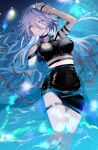 1girl aqua_eyes black_choker black_skirt breasts choker crop_top cross-laced_clothes cross-laced_skirt detached_sleeves feet_out_of_frame grey_hair hair_between_eyes highres in_water large_breasts long_hair looking_at_viewer lying mole mole_under_mouth nijisanji on_back shinsekki side_slit sidelocks skirt solo sophia_valentine swept_bangs thigh_strap virtual_youtuber water 