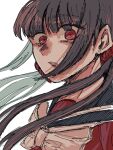  1girl black_sailor_collar bow bowtie danganronpa_(series) danganronpa_v3:_killing_harmony earrings grey_bow grey_bowtie hair_ornament hair_scrunchie harukawa_maki jewelry long_hair portrait red_eyes red_scrunchie red_shirt sailor_collar sake_daikon scrunchie shirt simple_background solo teeth twintails white_background 