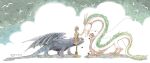  1boy 1girl bird boots brown_hair closed_eyes cloud crossover dragon eastern_dragon from_side haku_(sen_to_chihiro_no_kamikakushi) hiccup_horrendous_haddock_iii highres how_to_train_your_dragon long_sleeves looking_at_another ogino_chihiro petting ponytail sen_to_chihiro_no_kamikakushi signature smile souji000 standing susuwatari toothless traditional_media western_dragon white_background 