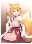  1girl animal_ears apron blonde_hair bowl brown_eyes cooking_pot e_(eokiba) flower fox_ears fox_tail hair_flower hair_ornament hakama highres holding holding_bowl incoming_food japanese_clothes looking_at_viewer miko red_hakama ribbon-trimmed_sleeves ribbon_trim rice_bowl senko_(sewayaki_kitsune_no_senko-san) sewayaki_kitsune_no_senko-san shamoji short_hair sitting solo tail 