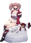  1girl atlanta_(kancolle) bell boots breasts brown_hair christmas cowboy_shot earrings fur_trim grey_eyes hat jewelry kantai_collection knee_boots large_breasts long_hair long_sleeves looking_at_viewer official_art one_eye_closed santa_costume santa_hat shizuma_yoshinori sitting sitting_on_object solo star_(symbol) star_earrings torn_clothes two_side_up 