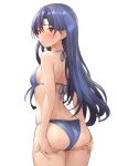  1girl :o absurdres ass ass_support b1ack_illust bikini blue_bikini blue_hair blush breasts butt_crack commentary commission dimples_of_venus hands_on_own_ass highres idolmaster idolmaster_(classic) idolmaster_million_live! kisaragi_chihaya looking_at_viewer looking_back pixiv_commission shoulder_blades simple_background skindentation small_breasts solo string_bikini swimsuit white_background 