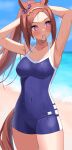  1girl animal_ears asato_(fadeless) beach blue_one-piece_swimsuit blurry blurry_background breasts brown_hair covered_navel hair_tie_in_mouth hairband highres horse_ears horse_girl horse_tail medium_breasts mouth_hold one-piece_swimsuit pink_eyes ponytail sakura_bakushin_o_(umamusume) swimsuit tail tracen_swimsuit tying_hair umamusume wet 