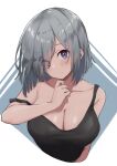  1girl absurdres alternate_costume bare_shoulders black_tank_top blue_eyes breasts closed_mouth collarbone commentary commentary_request grey_hair hair_over_one_eye hamakaze_(kancolle) highres kantai_collection lanthan large_breasts looking_at_viewer parted_bangs short_hair simple_background solo strap_slip tank_top upper_body white_background 