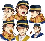  1boy anger_vein brown_eyes brown_hair chopsticks eating finger_in_own_mouth food golden_kamuy highres imperial_japanese_army male_focus mirin_(coene65) multiple_views scar scar_on_cheek scar_on_face scar_on_mouth scar_on_nose scarf short_hair striped striped_scarf sugimoto_saichi yellow_scarf 
