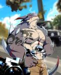  2019 2_horns 5_fingers abs anthro arm_scar arm_spikes arm_tattoo big_muscles black_tattoo bottomwear brown_bottomwear brown_clothing brown_pants car chest_tattoo cigar clothed clothing countershade_torso countershading d.doggu digital_media_(artwork) dragon elbow_spikes eye_scar facial_scar fingers flesh_fang grey_body grey_scales hand_on_side holding_cigar holding_object horn lit_cigar male motorcycle muscular muscular_anthro muscular_male navel nipples outside pants pecs photo_background photography_(artwork) red_eyes scales scalie scar smoke smoke_from_mouth smoking smoking_cigar solo spiked_tail spikes spikes_(anatomy) street tail tattoo topless topless_anthro topless_male vehicle vein veiny_muscles white_body white_scales wingless_dragon 