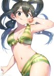  1girl asui_tsuyu bikini black_eyes black_hair blush boku_no_hero_academia breasts cleavage green_bikini hair_rings hand_up highres licking_lips long_hair looking_at_viewer medium_breasts ryota_(ry_o_ta) shadow signature simple_background solo sparkle striped striped_bikini swimsuit tongue tongue_out white_background 